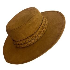Chocolate Brown Faux Suede Wide Brim Tan Hat Western Braided One Size
